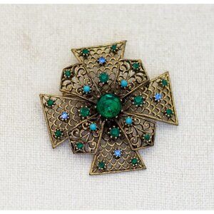 Vintage Green Rhinestone Gold Tone Cross Ribbon Brooch by JJ - T21